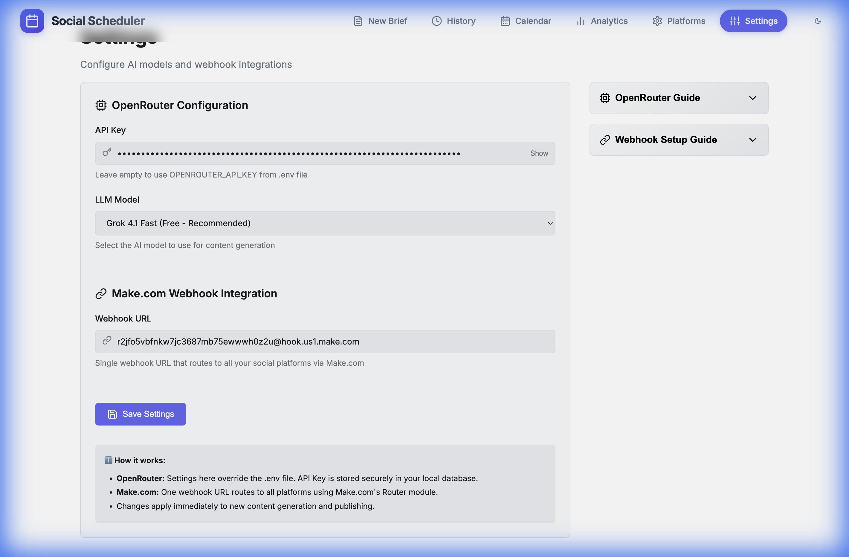 Settings page with OpenRouter configuration